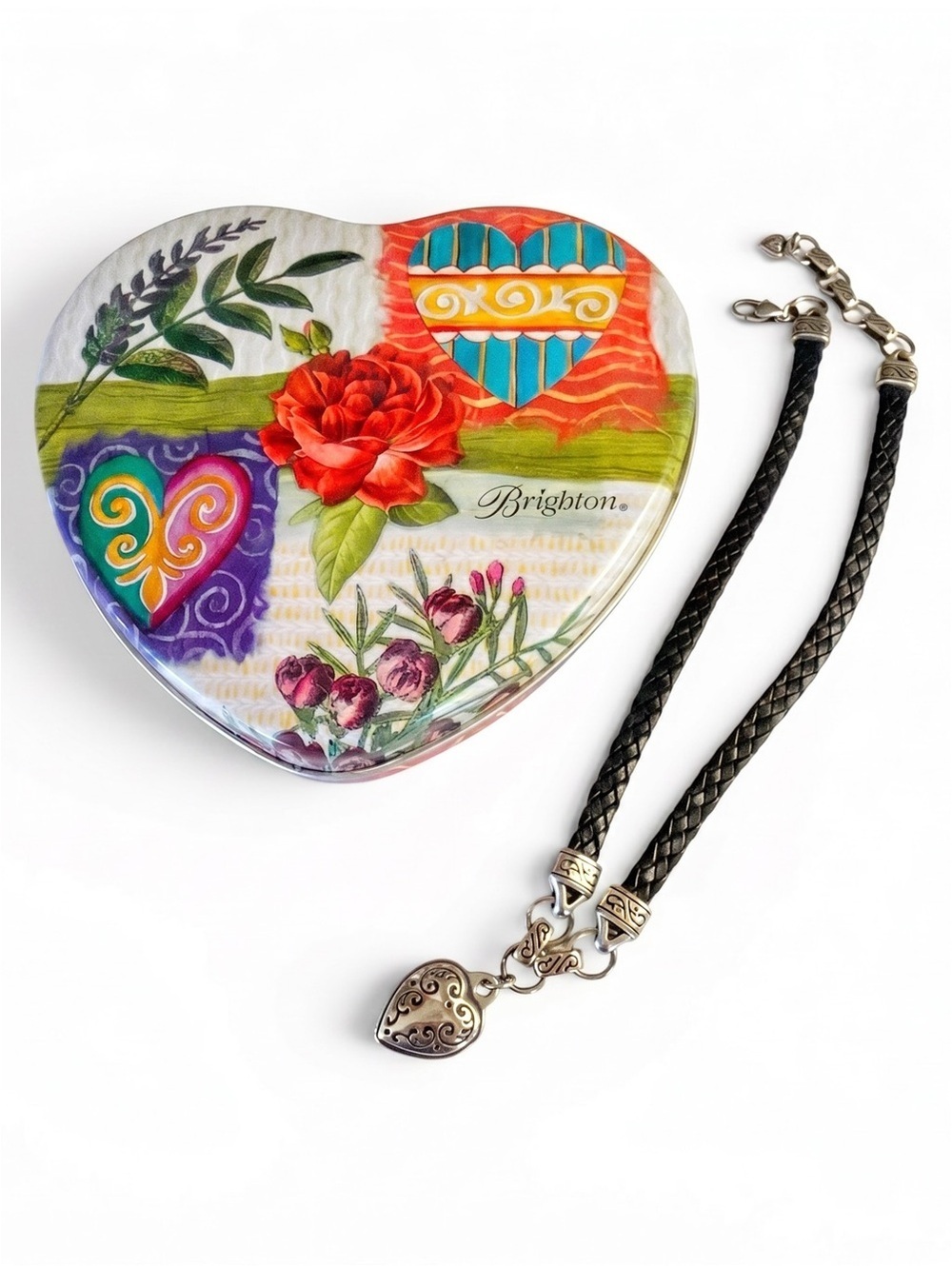 NWOT Vintagw Retired Brighton Ophelia Heart Leather Necklace in Collector Tin